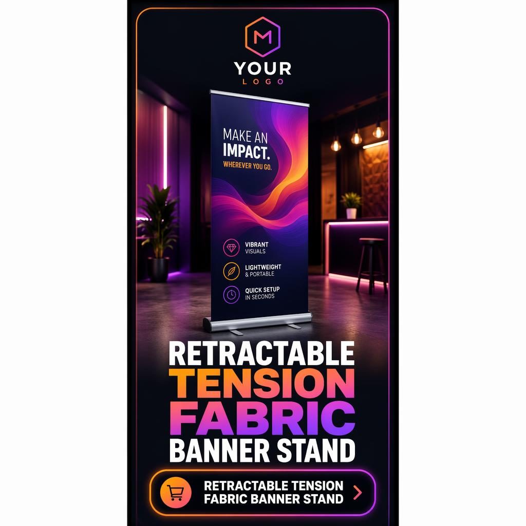 Tall trade-show banner mockup with placeholder logo, central education-themed hero visual, bold headline and CTA in warm dark neon style.