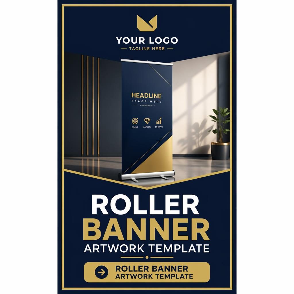 Tall minimalist Swiss-style floor sticker banner in navy and gold with logo placeholder, hero image, headline and CTA areas.