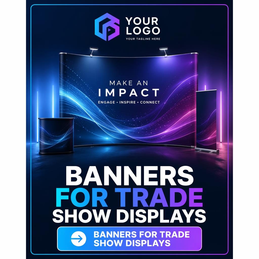Tall luxury step-and-repeat trade show banner with tech gradient, hero visual, placeholder logo, headline area, and CTA.