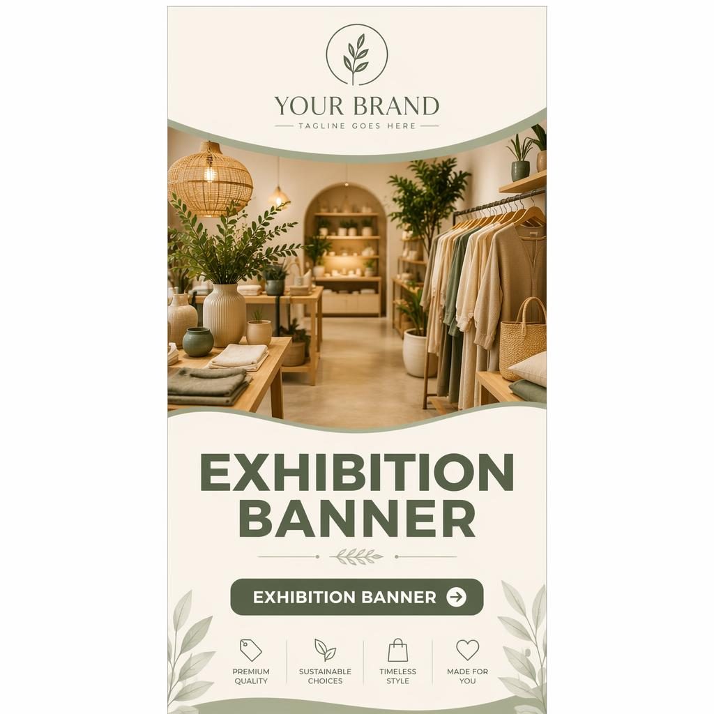 Tall pull-up roll banner in sage and cream with logo placeholder, central hero image, headline area, and CTA section.