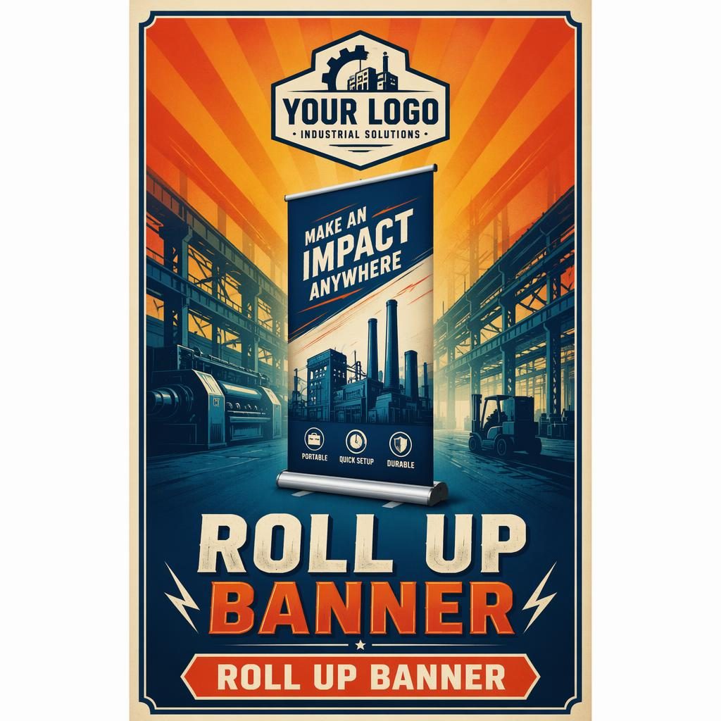 Vysoký veletržní banner ve vintage stylu s gradientem, místem pro logo, centrální ilustrací a CTA dole.