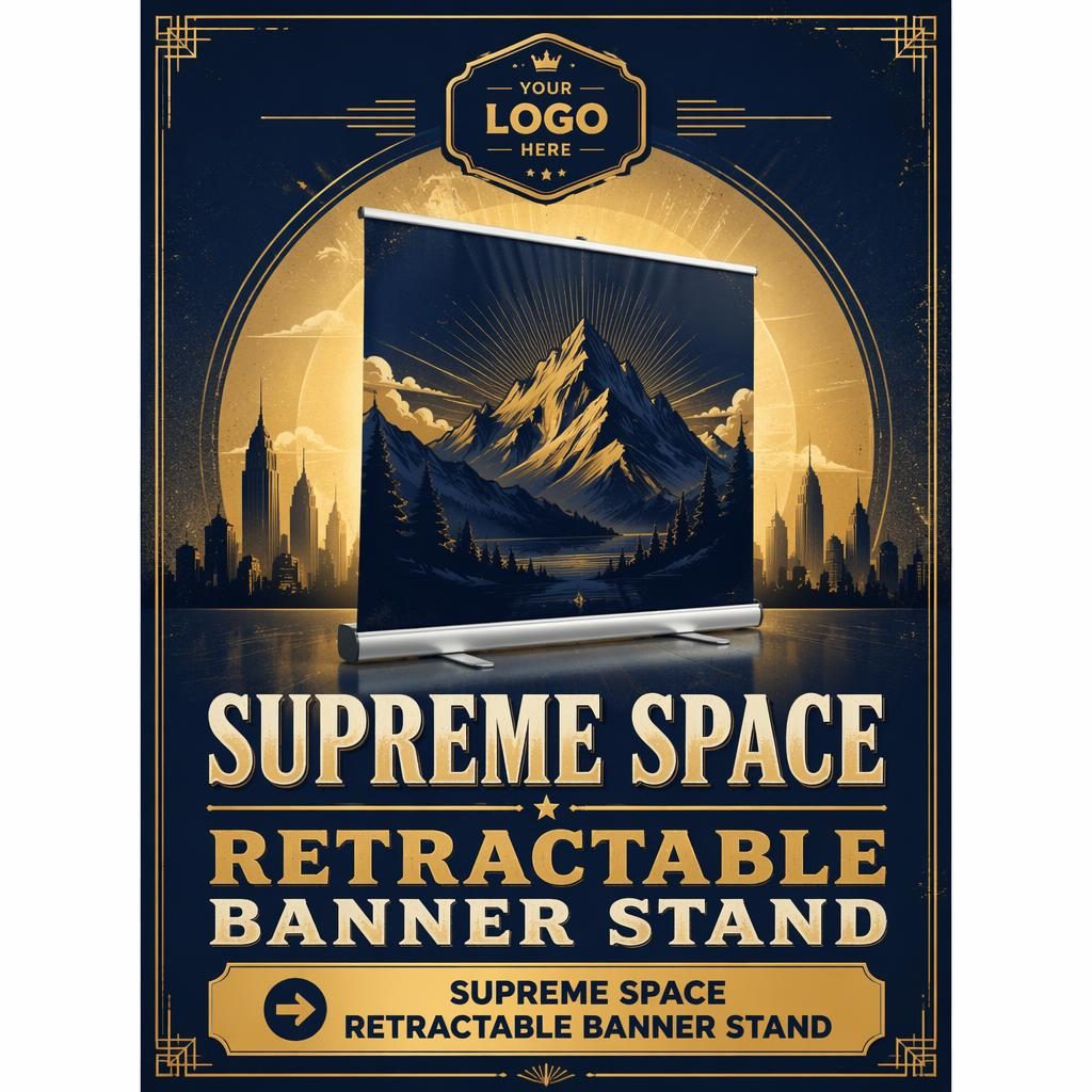 Tall navy and gold trade-show booth backdrop banner with vintage poster styling, centered hero graphic, and sharp bottom CTA.