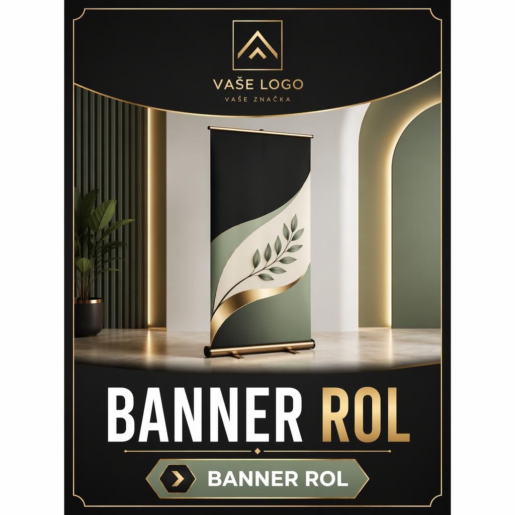 Vysoký veletržní banner rol v černé, zlaté, šalvějové a krémové barvě s místem pro logo, vizuál a CTA.