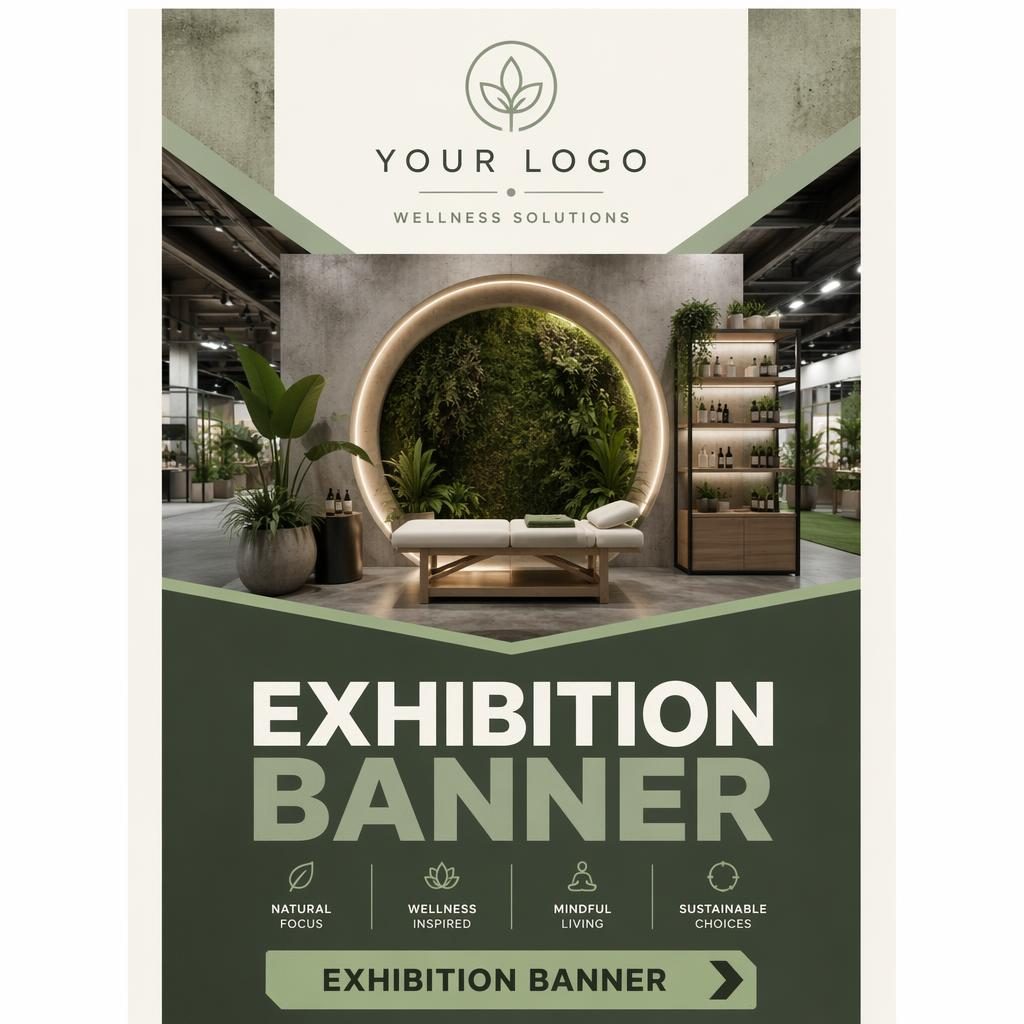 Tall industrial-style wellness exhibition banner in sage and cream with logo area, hero visual, headline and CTA layout