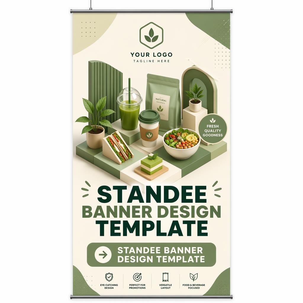 Isometric 3D hanging ceiling sign banner in sage and cream with food beverage hero area, logo placeholder, headline and CTA zones.