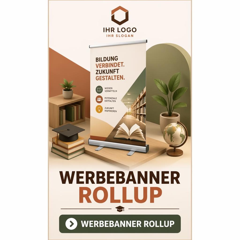 Isometrischer 3D-Table-Runner in warmen Erdtönen mit Logo-Platzhalter, Hero-Motiv sowie klarer Headline und CTA.