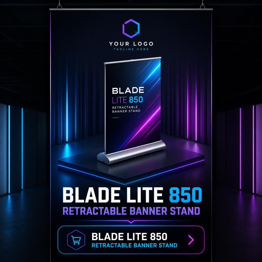 Isometric 3D luxury trade-show banner in dark neon palette with portrait layout, logo area, hero graphic, headline and CTA.