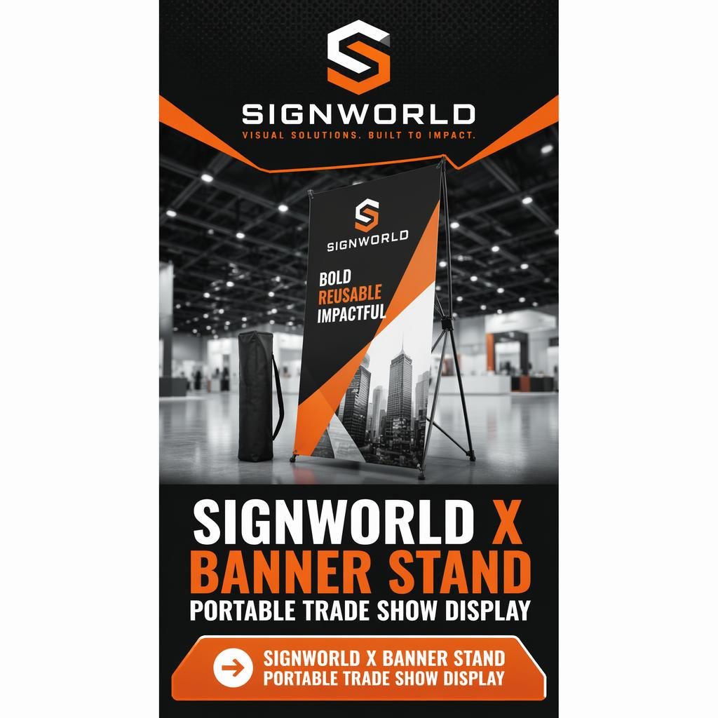 Tall industrial trade show hanging ceiling banner with hero graphic, top logo placeholder, bold headline area, and CTA zone
