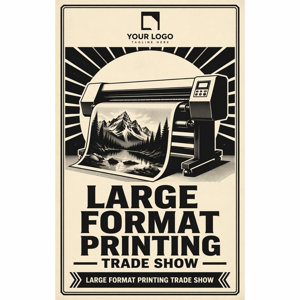 Tall monochrome trade-show banner with placeholder logo, central hero graphic, bold headline area, and CTA section in vintage poster style.