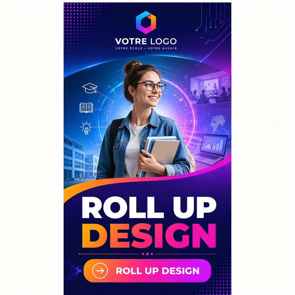 Bannière roll-up verticale pour l’éducation, fond dégradé techno vibrant, zone logo en haut, visuel central, titre et CTA en bas.