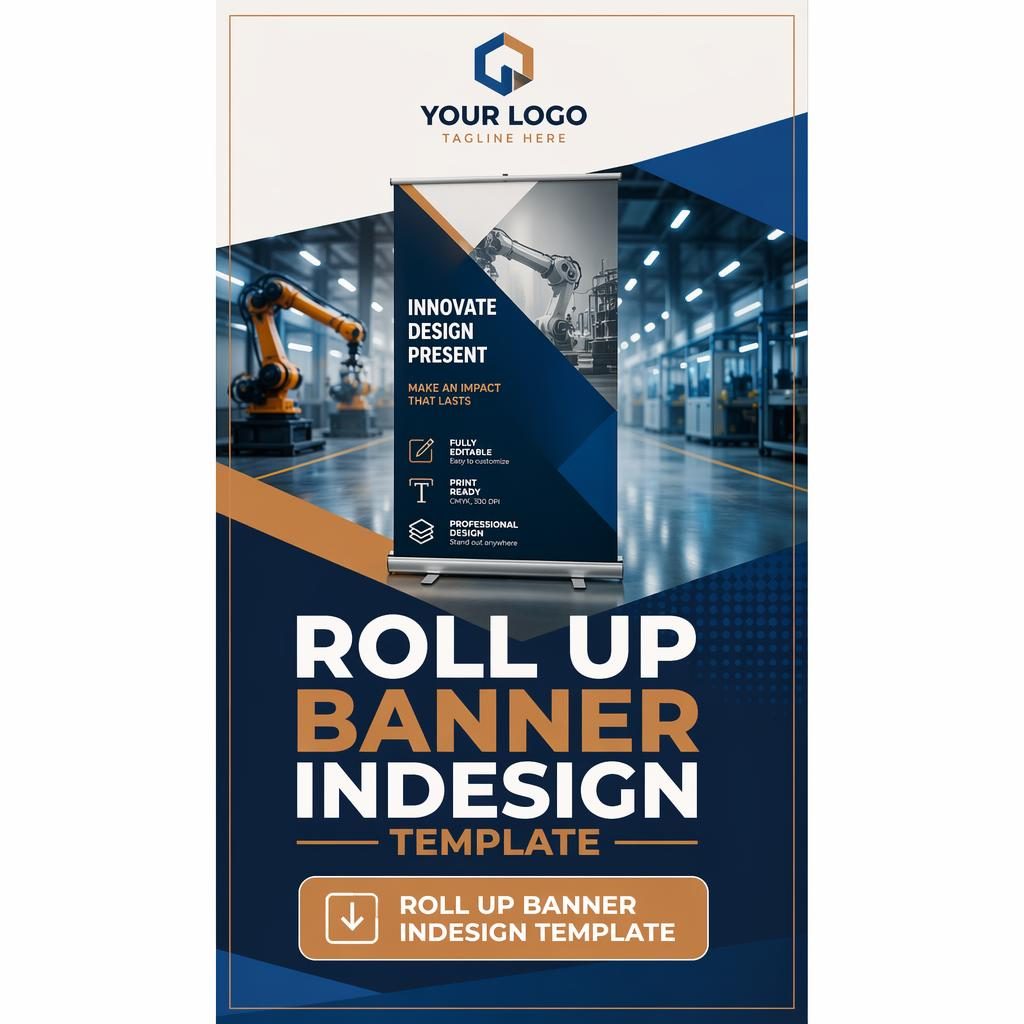 Tall pull-up trade-show banner template for manufacturing with tech blue palette, logo area, central hero graphic, headline and CTA.
