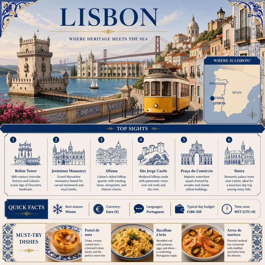 Editorial Lisbon travel infographic with skyline, Tram 28, map of Portugal, 6 sights, quick facts, and local dishes.