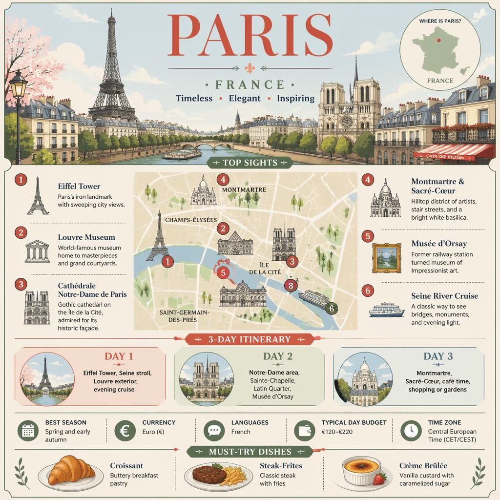 Infographie voyage de Paris avec skyline illustrée, carte de France, 6 sites, itinéraire 3 jours, infos pratiques et plats