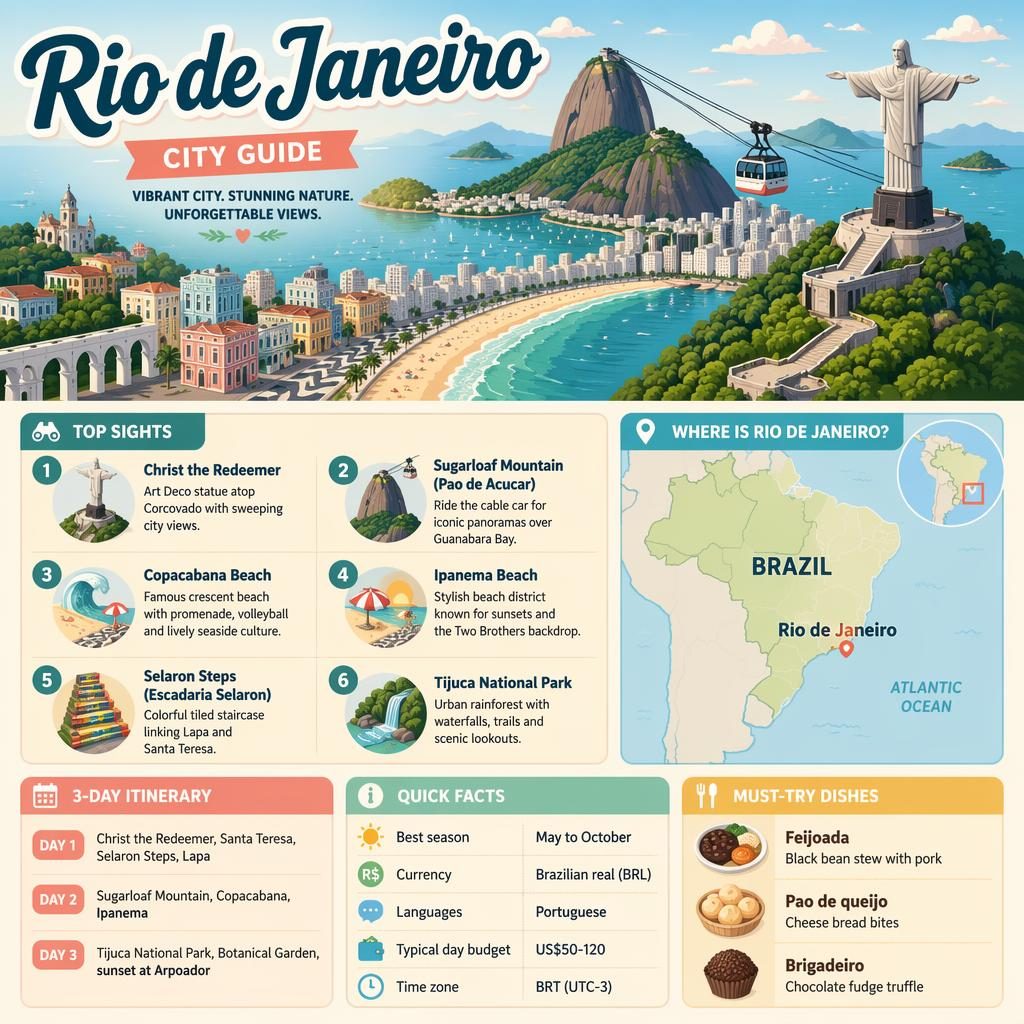 Rio de Janeiro travel infographic with skyline, Brazil map inset, 6 sights, 3-day itinerary, quick facts, and local dishes.