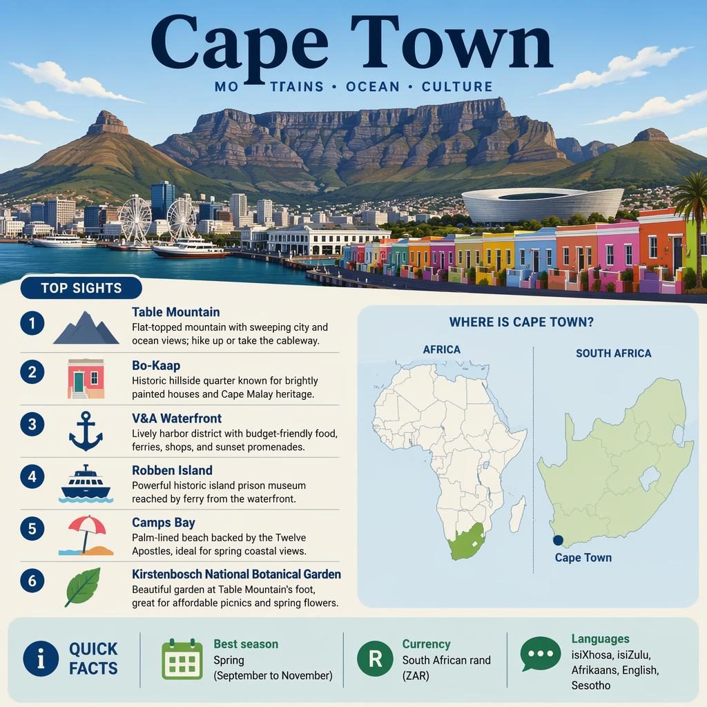Travel infographic of Cape Town with skyline illustration, Africa map inset, 6 top sights callouts, and quick facts strip.