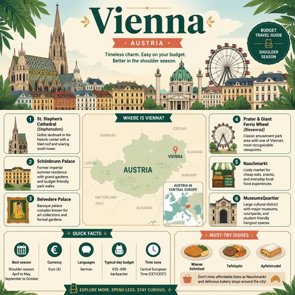 Editorial Vienna travel infographic poster with skyline, Austria map, top sights, quick facts, and local food icons.