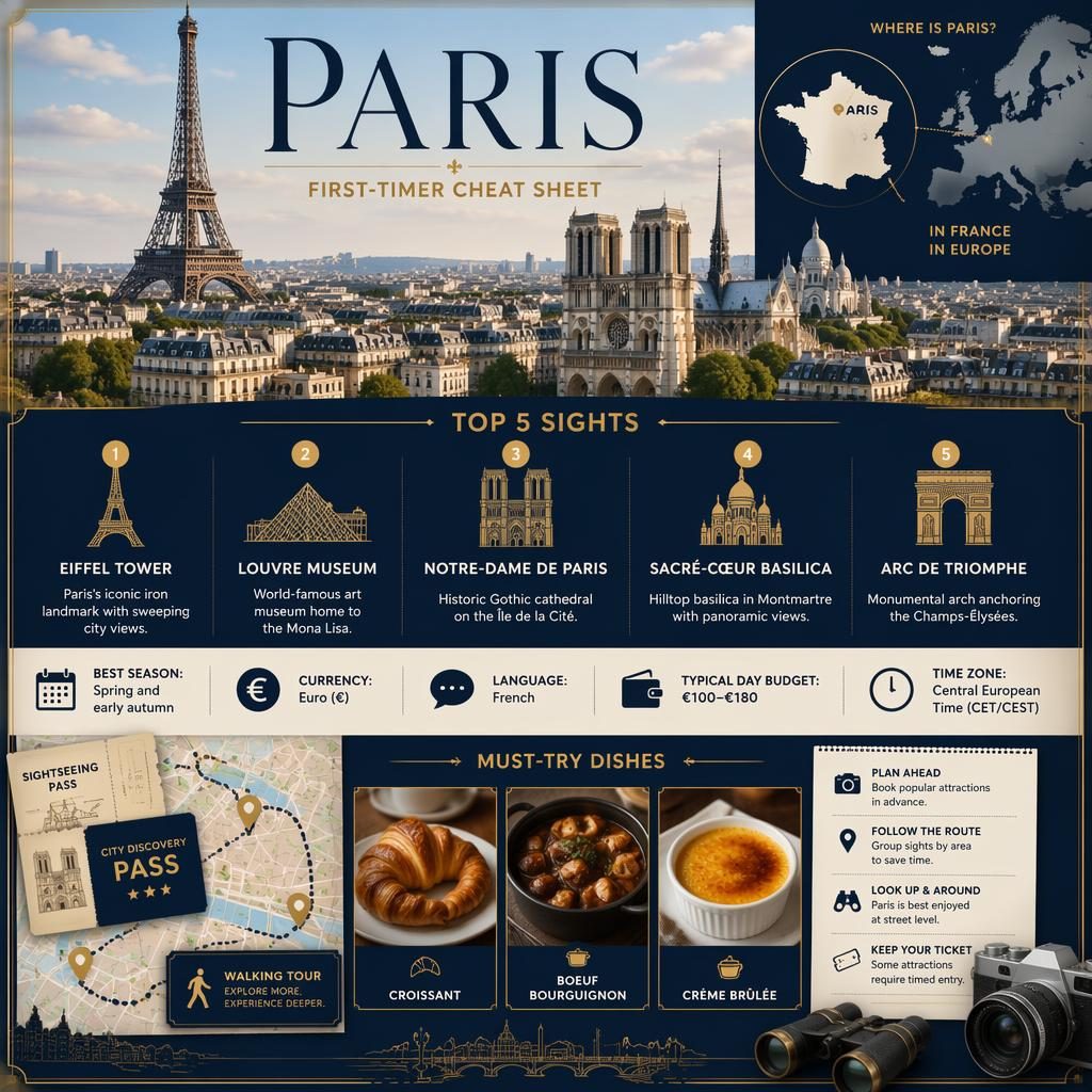 Infographie voyage sur Paris avec skyline, carte, 5 sites majeurs, infos pratiques et spécialités culinaires.