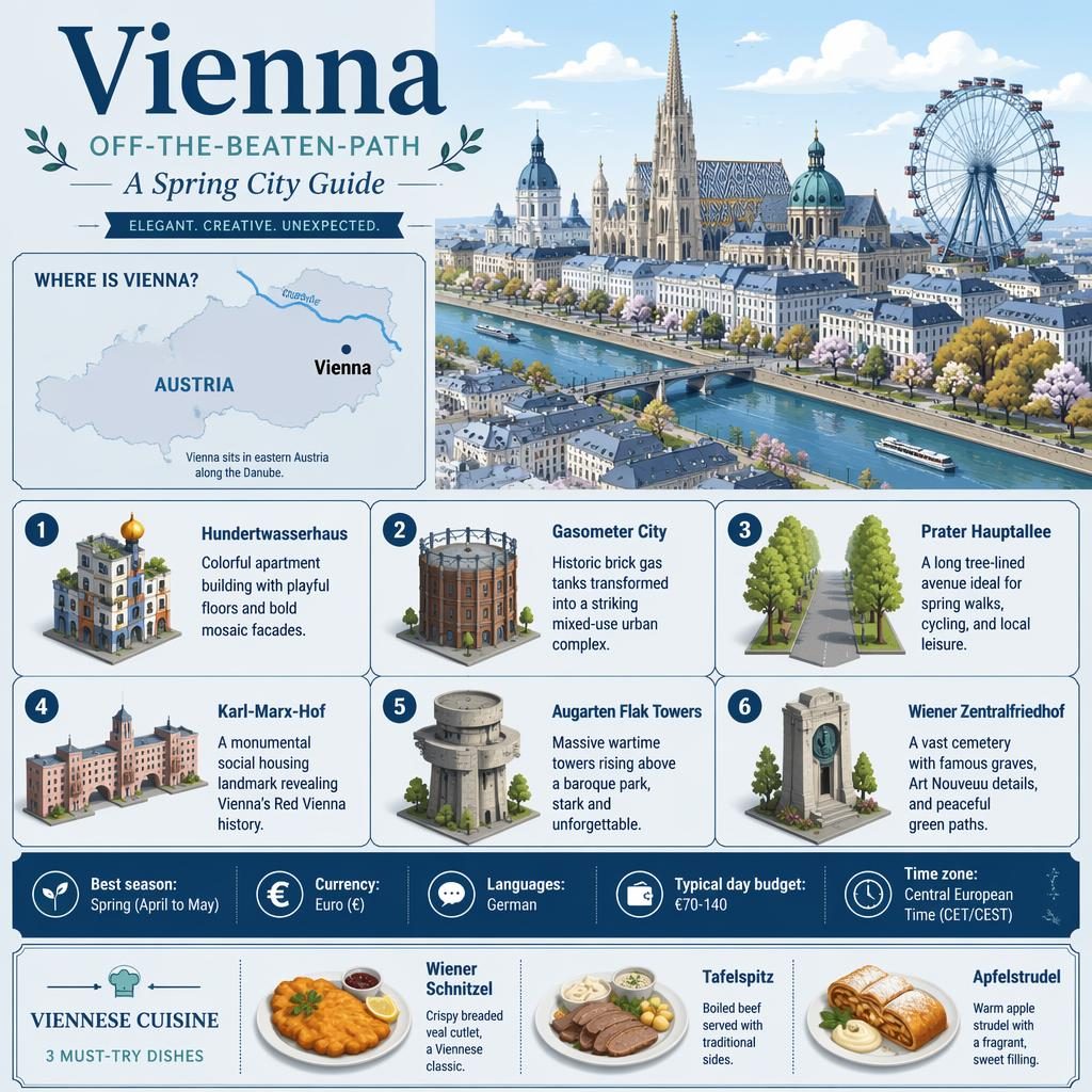 Isometric Vienna travel infographic with skyline, Austria map, 6 sight callouts, quick facts, and local dishes.