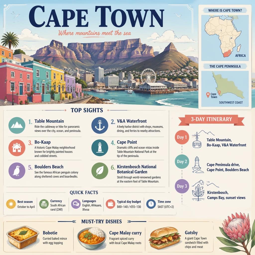 Editorial Cape Town infographic with skyline, Africa map, 3-day itinerary, 6 sights, quick facts, and local dishes.