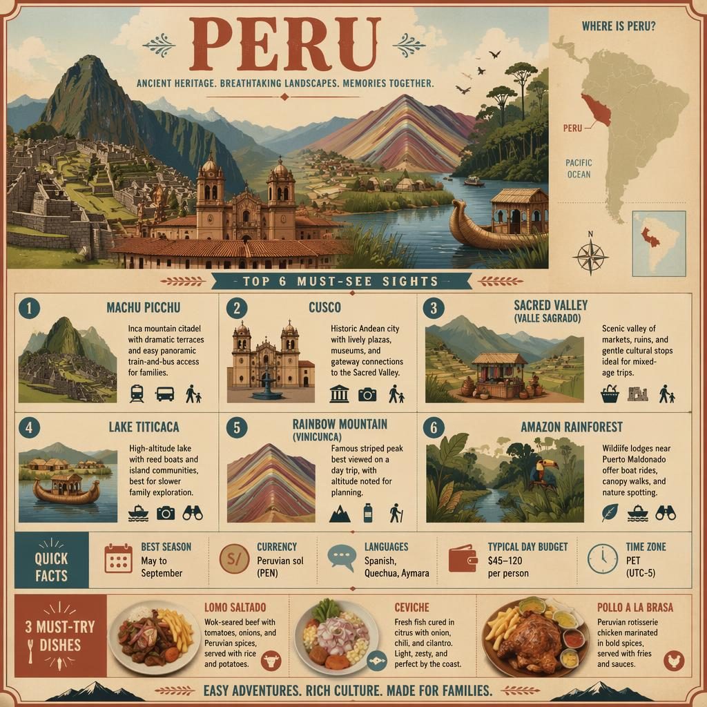 Vintage-style Peru travel infographic with Machu Picchu, Cusco, Lake Titicaca, map, 6 callouts, facts, and dishes.