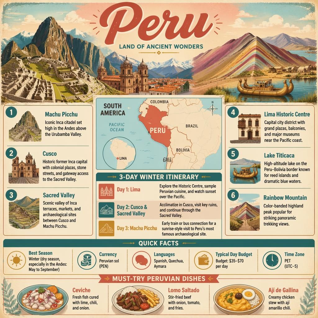 Retro-style Peru travel infographic poster with Machu Picchu, map, 3-day itinerary, top sights, quick facts, and dishes.