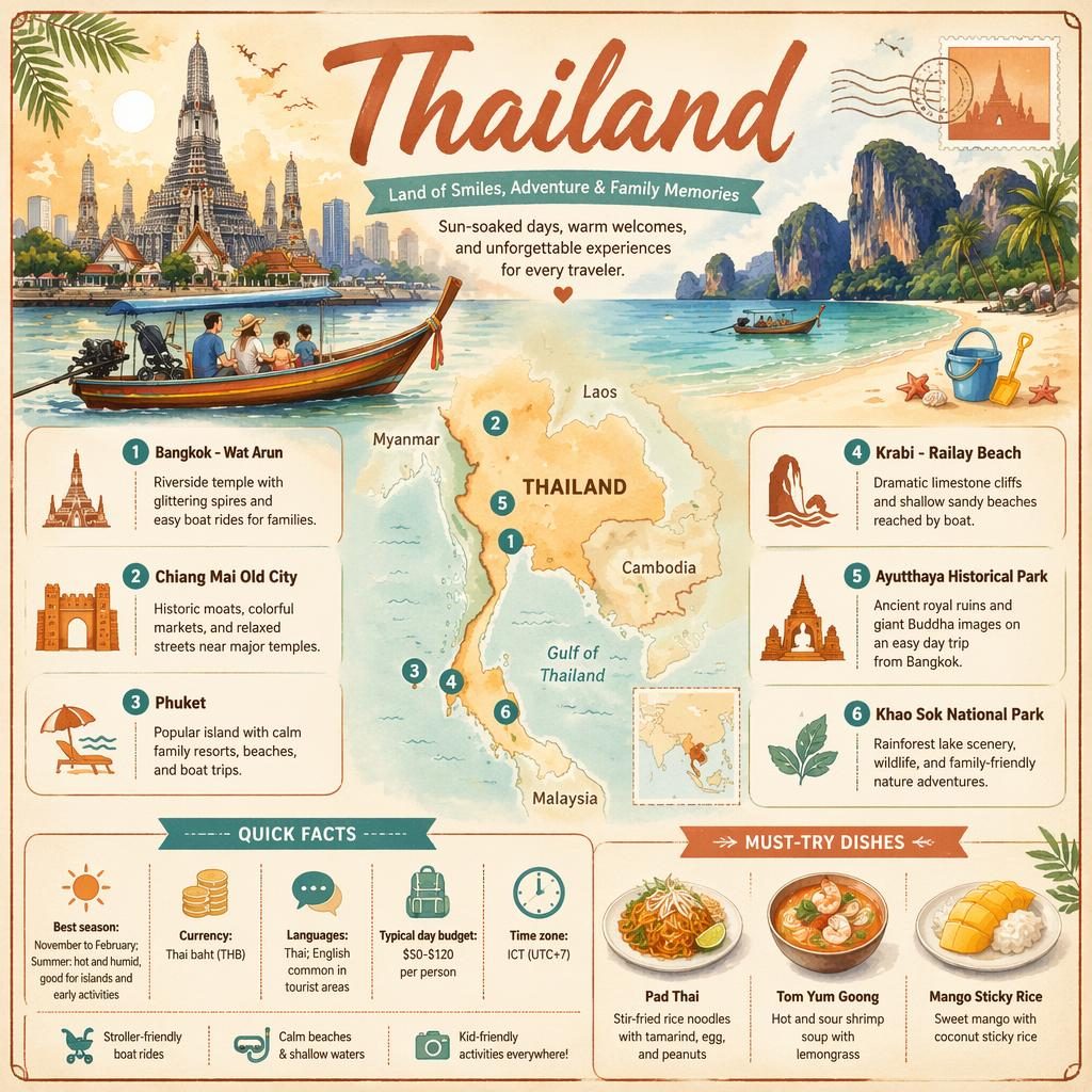 Watercolor Thailand travel infographic with skyline, country map, 6 top sights, quick facts, and Thai food icons.