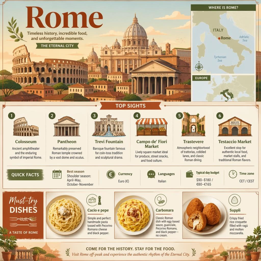 Travel infographic for Rome with skyline landmarks, Italy map, 6 top sights, quick facts, and must-try dishes.
