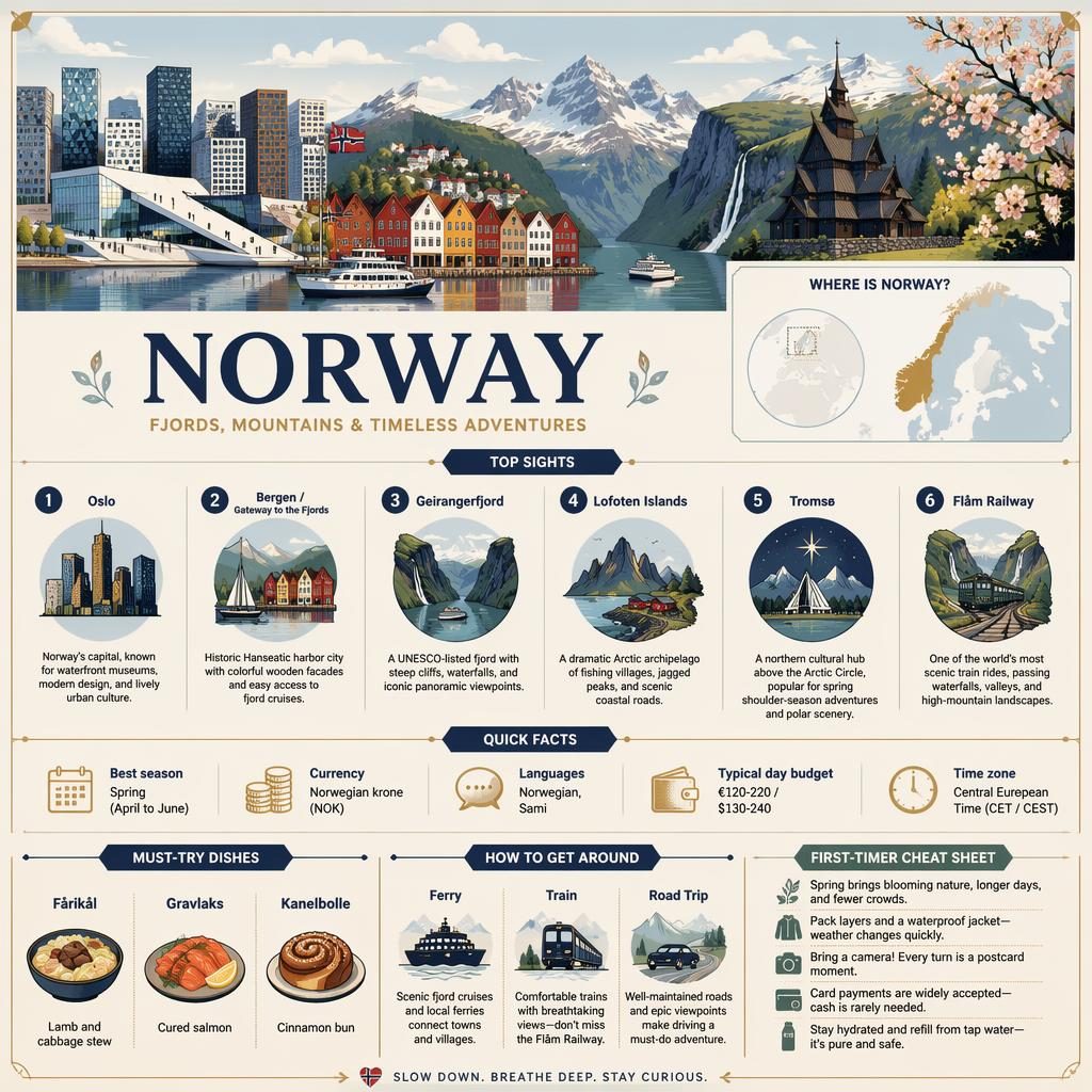 Editorial Norway infographic with skyline, fjords, mini map, 6 top sights, quick facts, dishes, and spring travel icons.