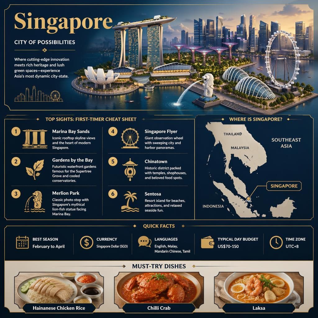 Singapore travel infographic with isometric Marina Bay skyline, map inset, 6 top sights, quick facts, and 3 local dishes.