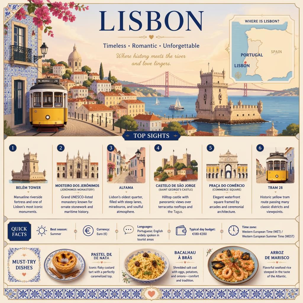 Lisbon travel infographic with skyline, tram, Belém Tower, map of Portugal, 6 top sights, quick facts, and local dishes.