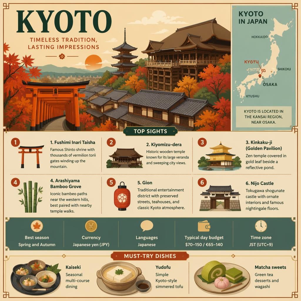 Kyoto travel infographic with skyline illustration, Japan locator map, 6 top sights, quick facts, and local dishes.