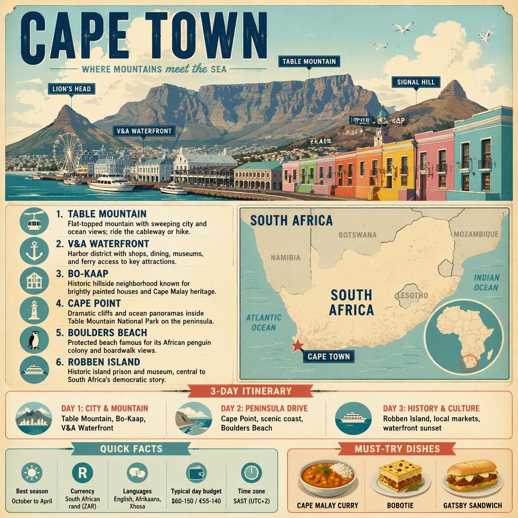 Retro Cape Town travel infographic poster with skyline, map, 3-day itinerary, six sights, quick facts, and local dishes.