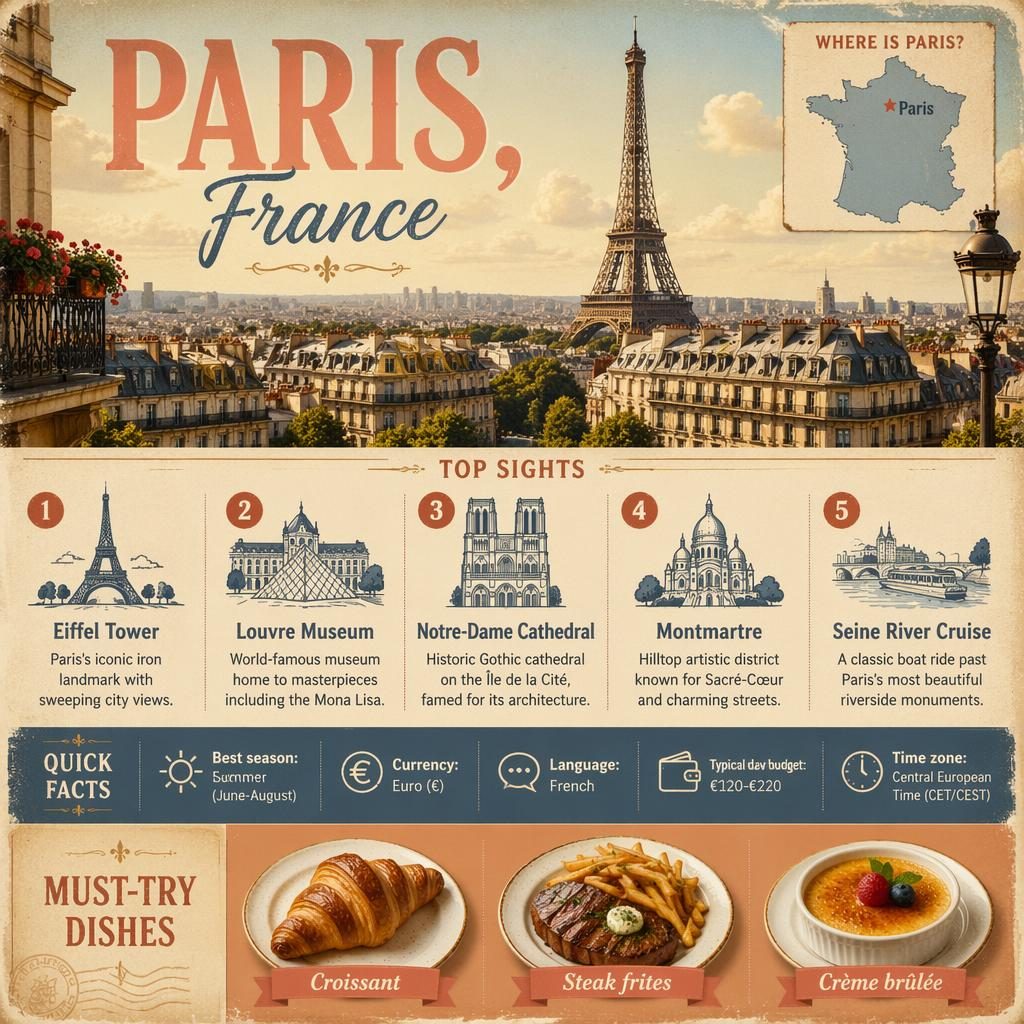 Reiseinfografik zu Paris mit Skyline, Eiffelturm, Frankreich-Karte, 5 Sehenswürdigkeiten und Facts im Retro-Poster-Stil.