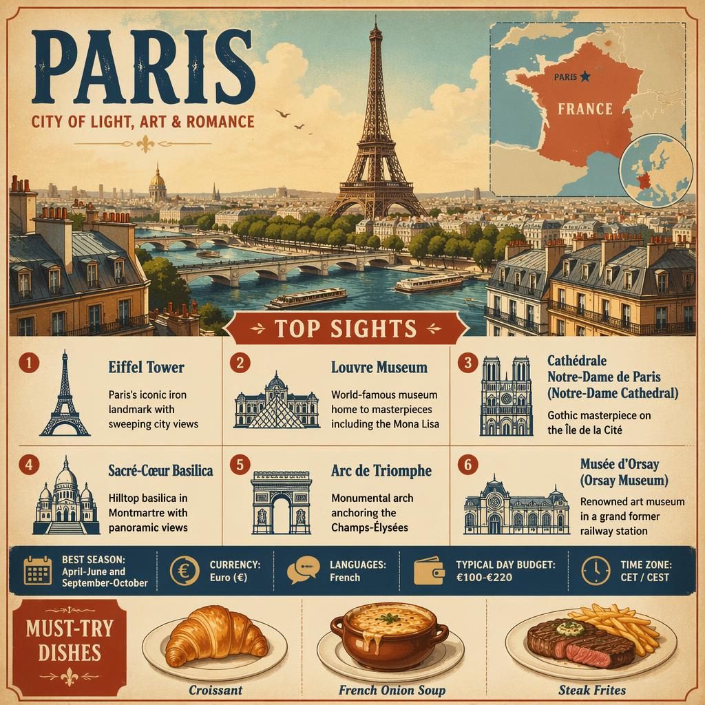 Retro-Poster-Infografik zu Paris mit Eiffelturm, Seine-Brücken, Karte, 6 Sehenswürdigkeiten, Reisetipps und Gerichten.