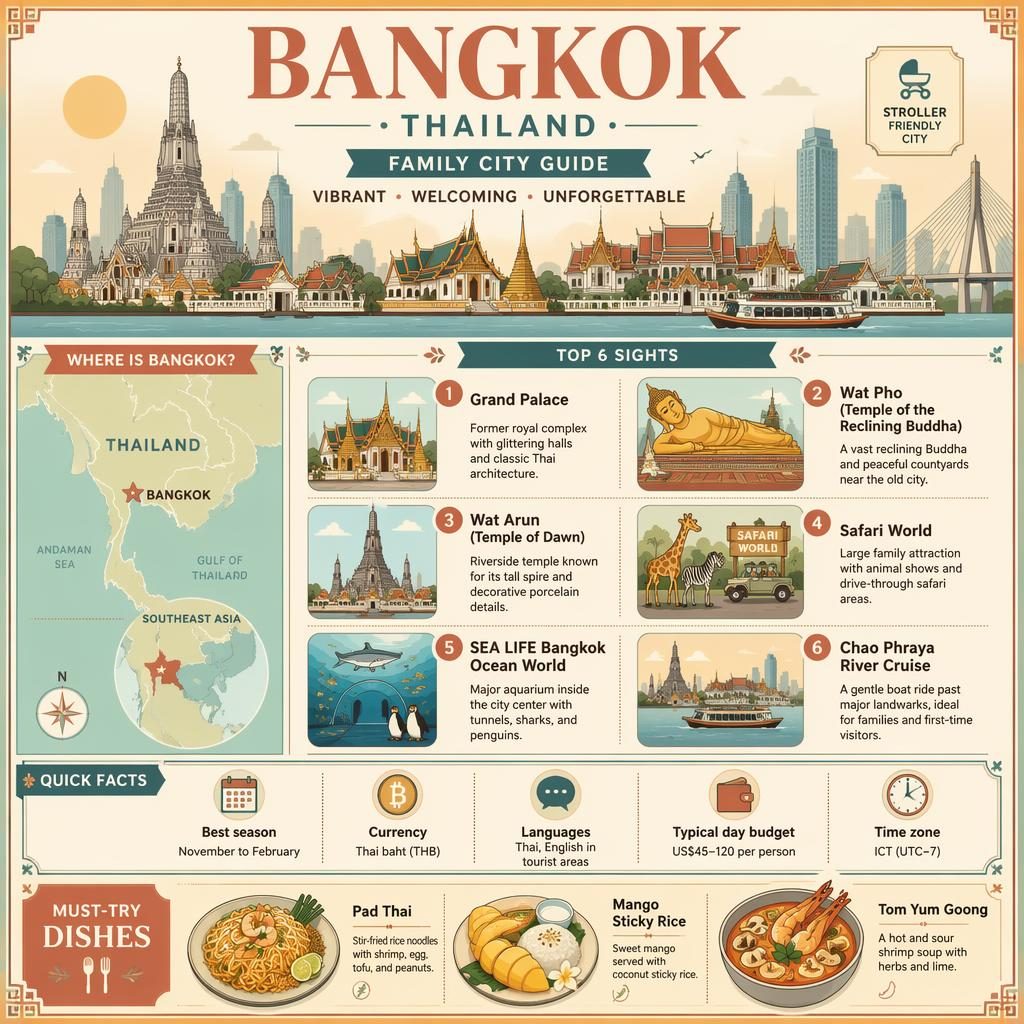 Bangkok family travel infographic with skyline, Thailand map inset, 6 sights, quick facts, and food icons in warm retro tones.