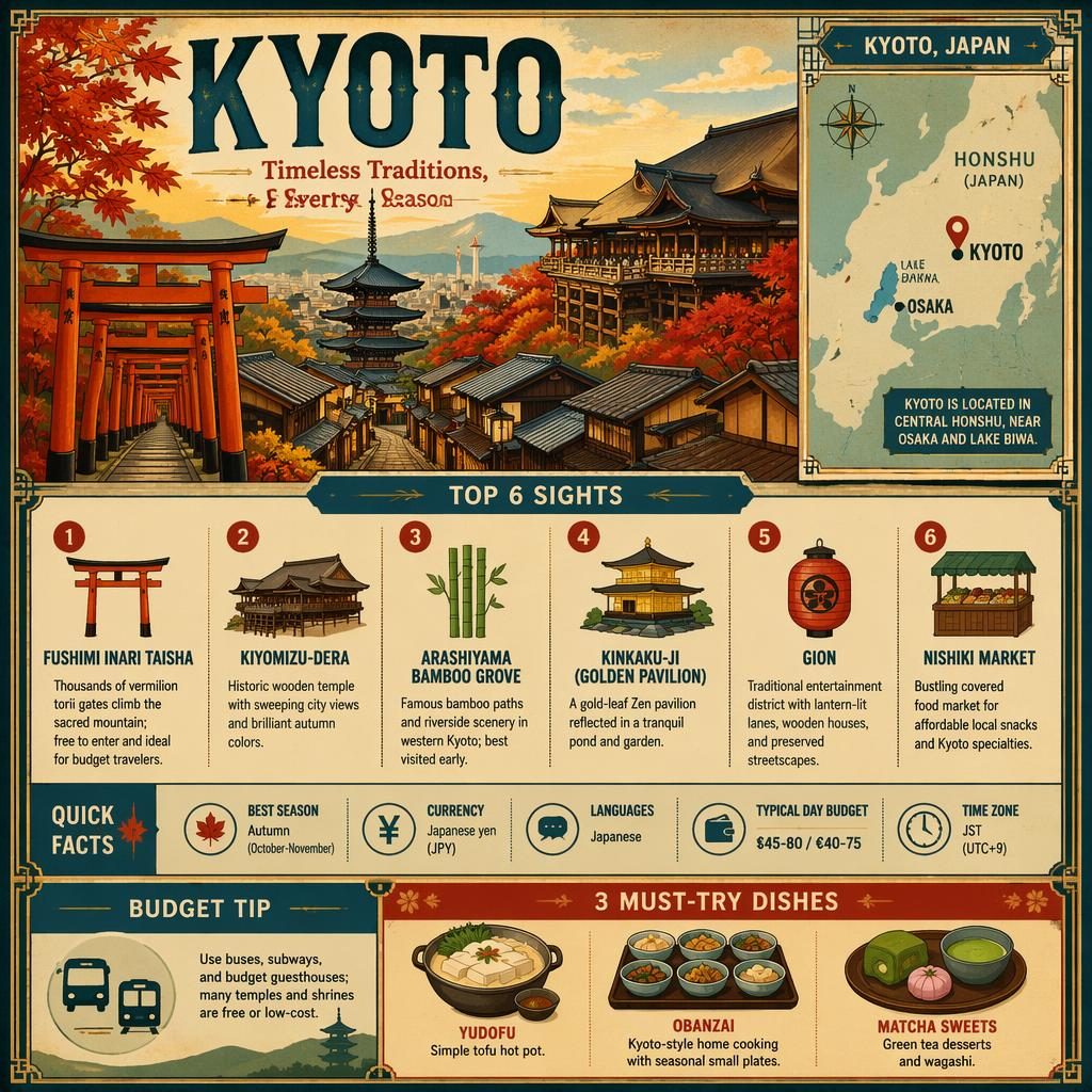 Vintage-style Kyoto travel infographic with skyline, map, 6 top sights, quick facts, dishes, and autumn landmarks.
