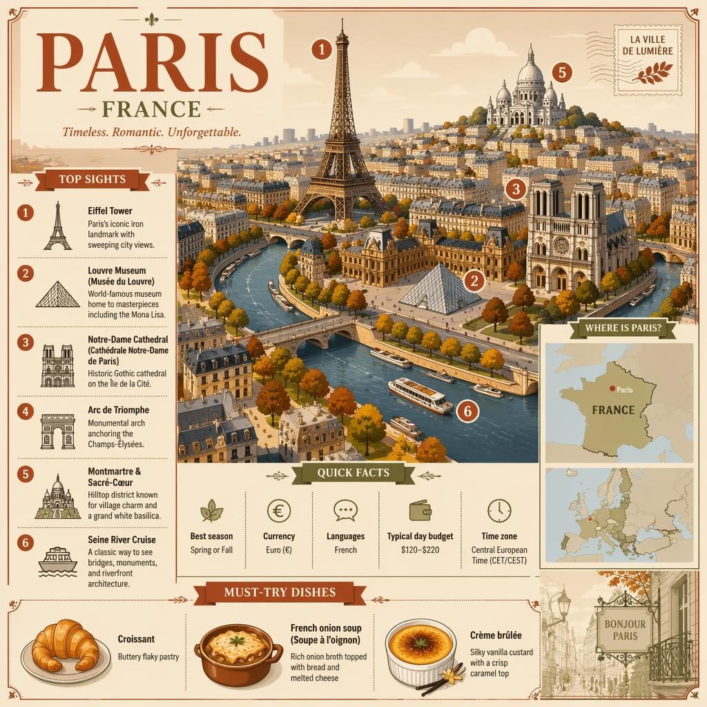 Infografia viajes de París con skyline isométrico, mapa de Francia y Europa, 6 lugares clave, datos rápidos y platos típicos.