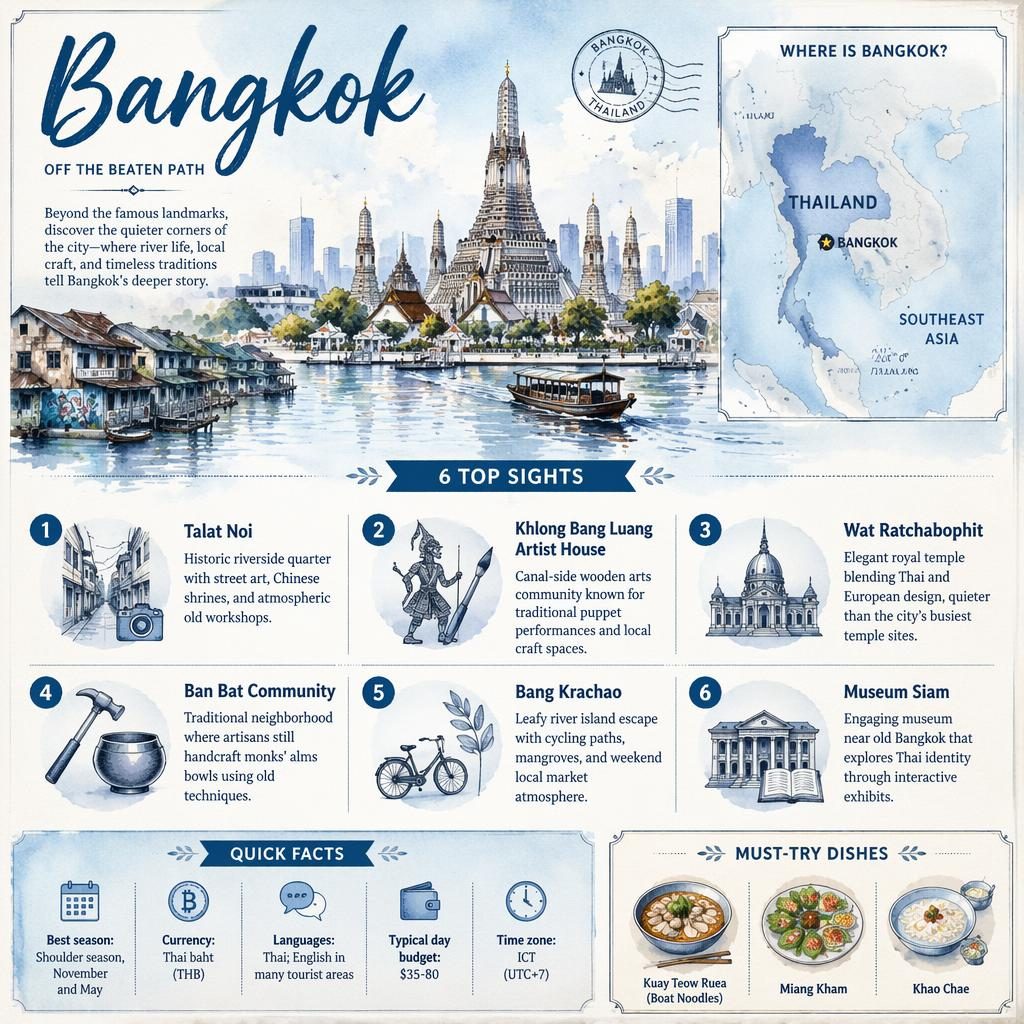 Watercolor Bangkok travel infographic with Wat Arun skyline, Thailand map inset, 6 top sights, quick facts, and dishes.