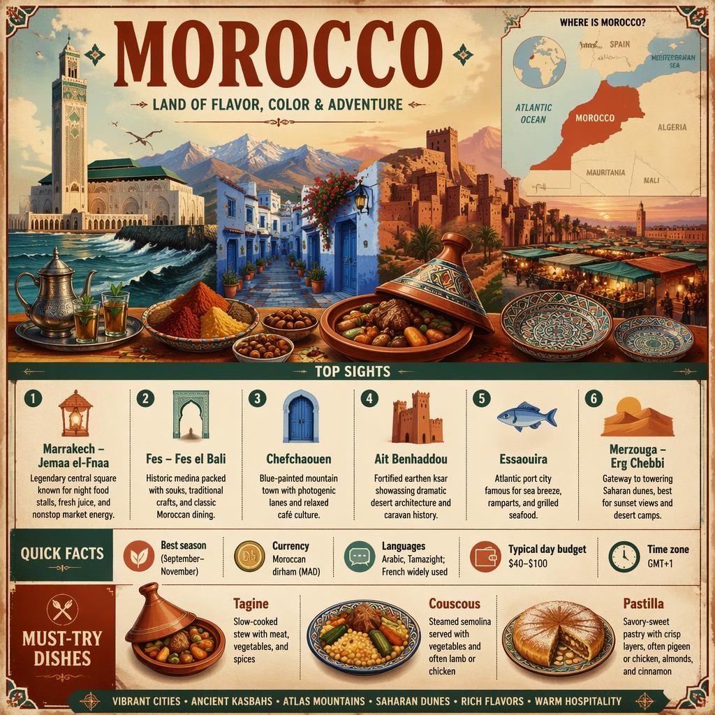 Retro Morocco travel infographic with landmarks, map inset, 6 sights callouts, quick facts, and must-try dishes.