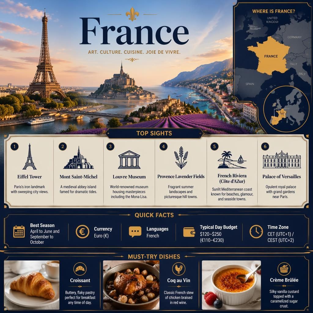 Infographie éditoriale sur la france avec Tour Eiffel, Mont-Saint-Michel, lavande de Provence, Côte d’Azur et carte