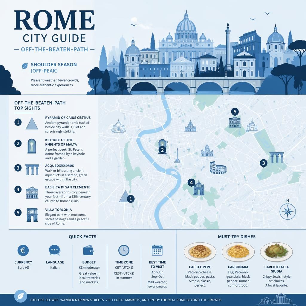 Minimalistická infografika Říma v chladné modré paletě se skyline nahoře, mapou města, očíslovanými památkami a fakty.