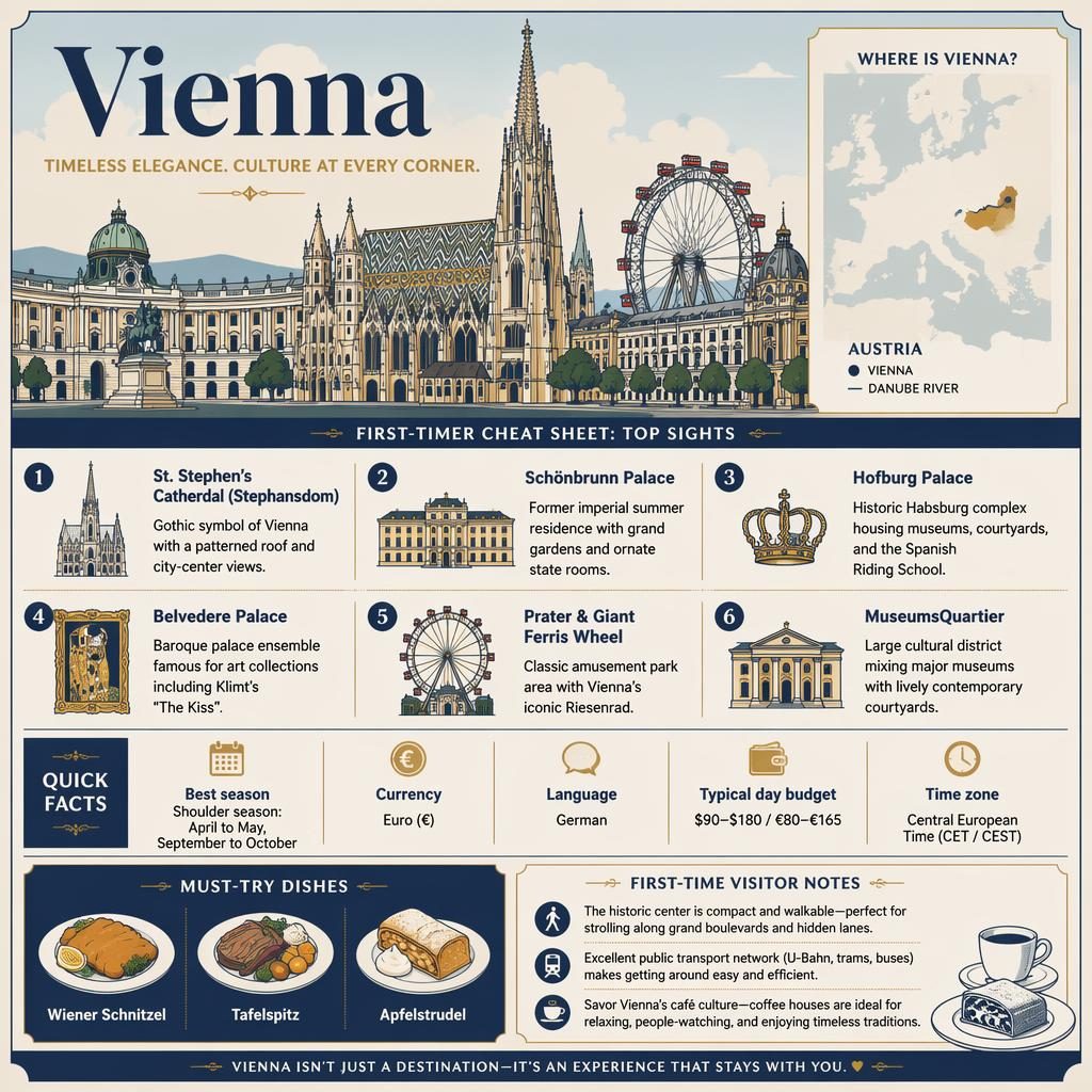 Editorial Vienna destination infographic with skyline, Austria map, 6 top sights, quick facts, and local dishes.