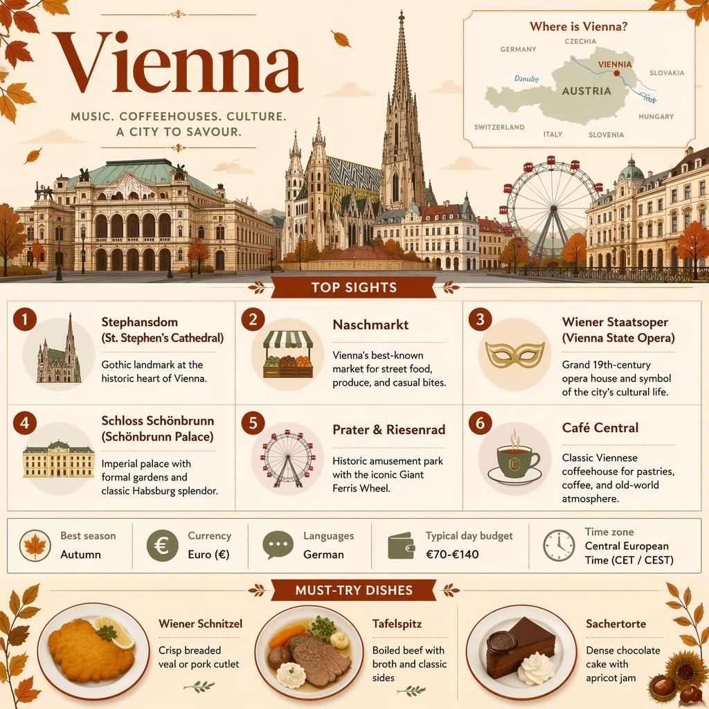 Vienna travel infographic with skyline, Austria map, 6 top sights, quick facts, and must-try dishes in autumn tones.