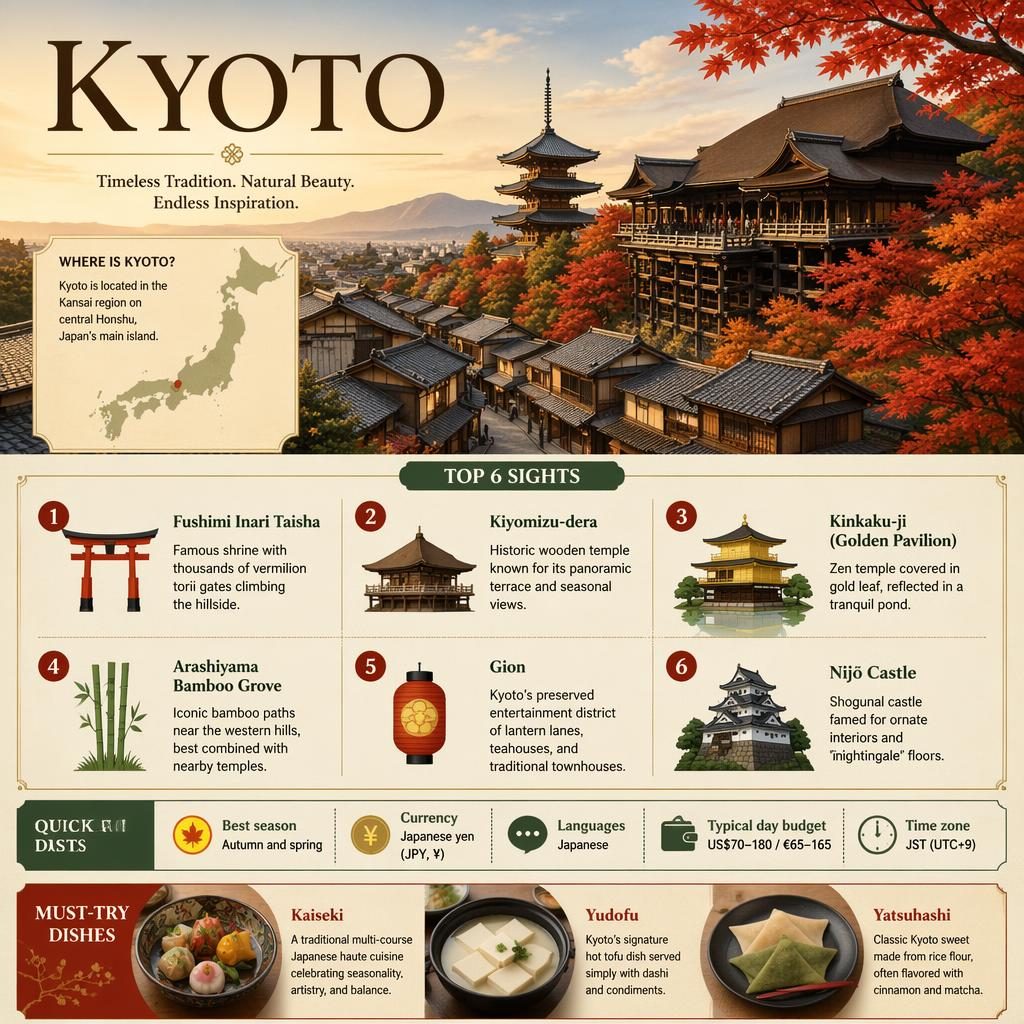 Editorial Kyoto infographic with skyline, Japan map, 6 top sights, quick facts, and local dishes in autumn tones.