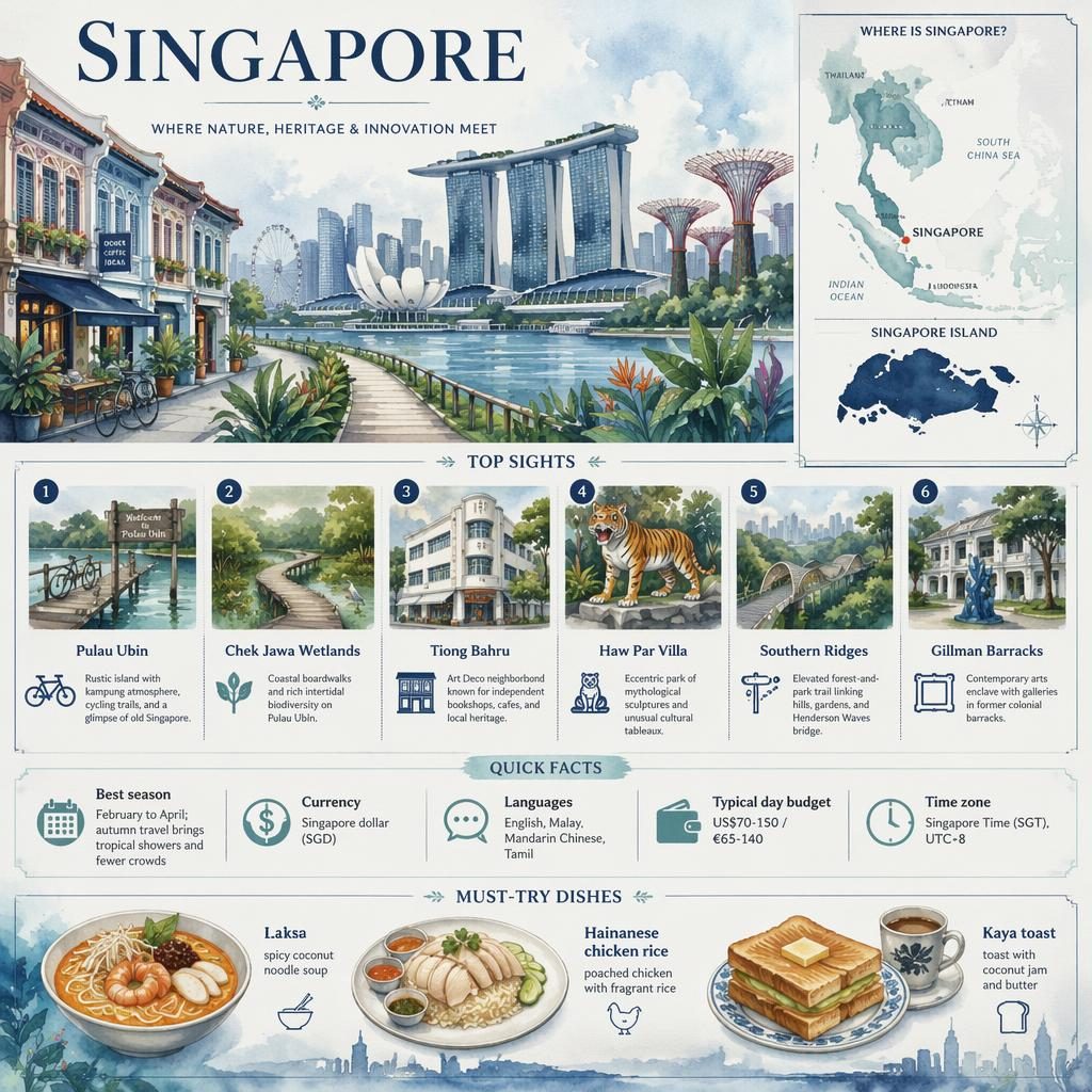 Watercolor Singapore travel infographic with skyline, Southeast Asia mini map, 6 top sights, quick facts, and local dishes.