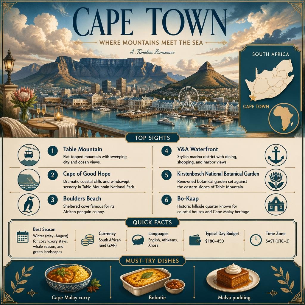 Vintage-style Cape Town infographic with skyline, map inset, 6 top sights, quick facts, and must-try dishes.