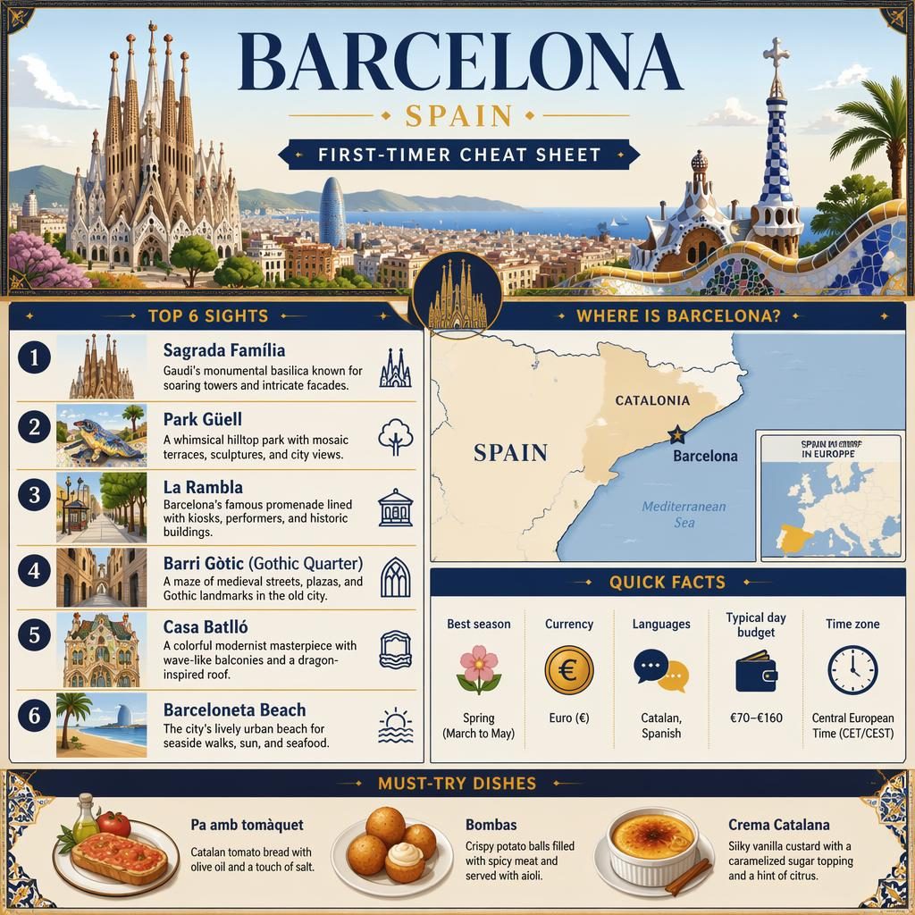 Editorial Barcelona infographic with skyline, Catalonia map, 6 top sights, quick facts, and local dishes in navy and gold.