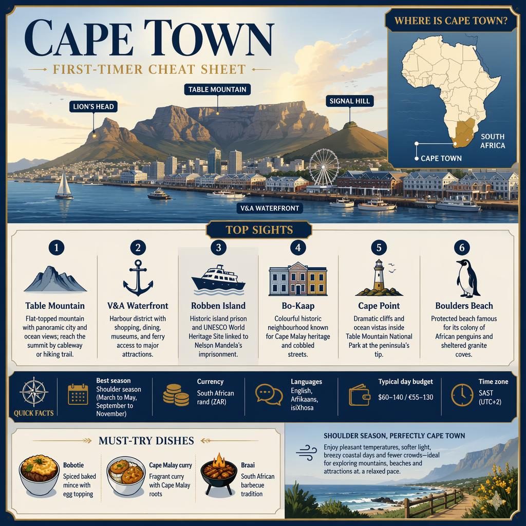 Editorial Cape Town infographic with skyline, South Africa map, 6 sights, quick facts, and must-try dishes.