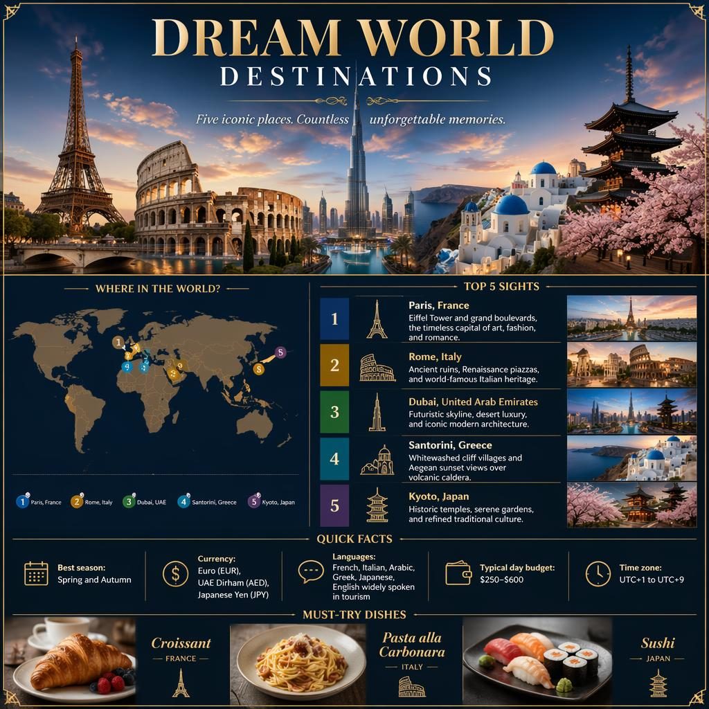 Infographie voyage premium avec skyline mondiale, carte simplifiée et 5 destinations de luxe: Paris, Rome, Dubaï, Santorin, Kyoto.