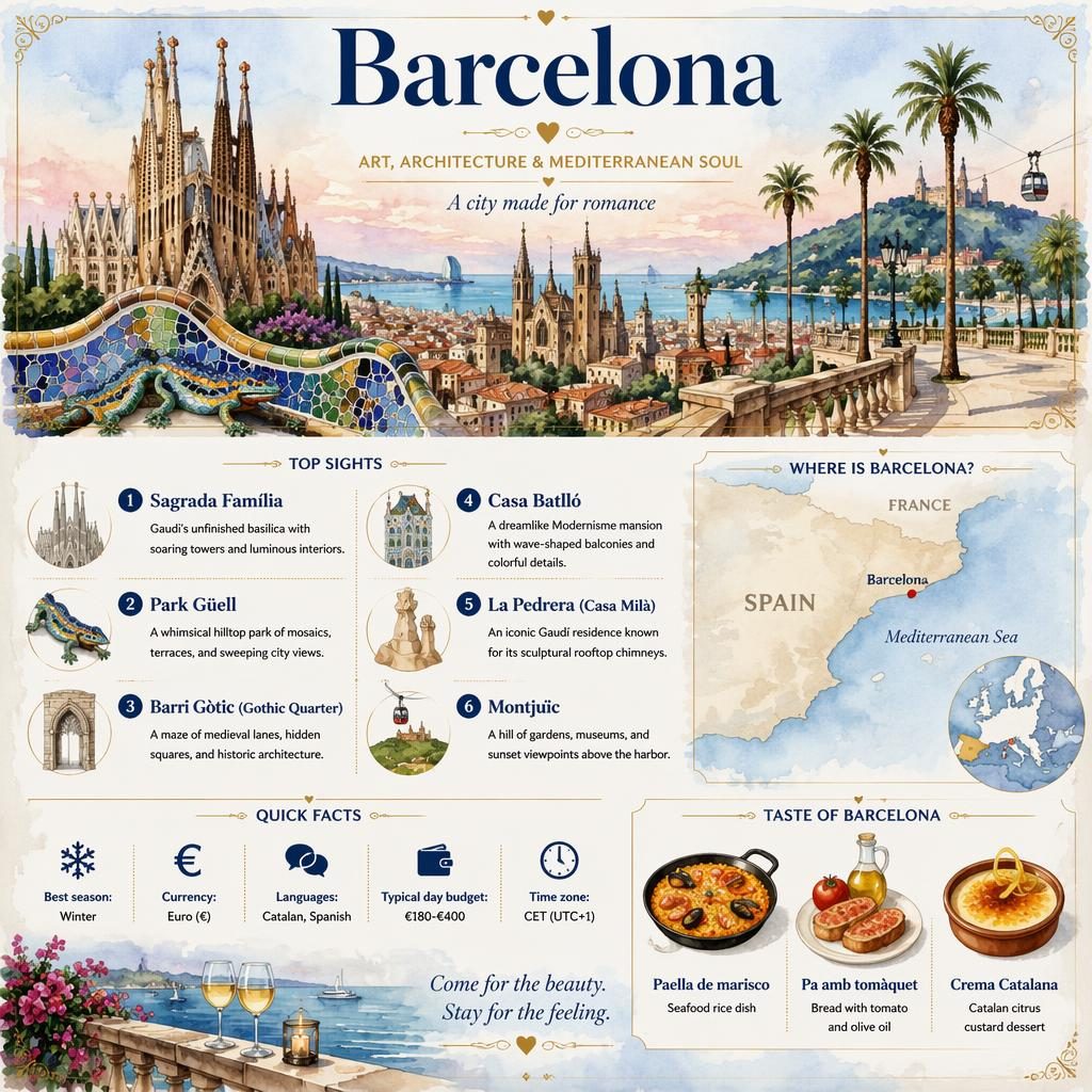 Watercolor Barcelona destination guide infographic with skyline, map, 6 sights, quick facts, and Catalan cuisine.